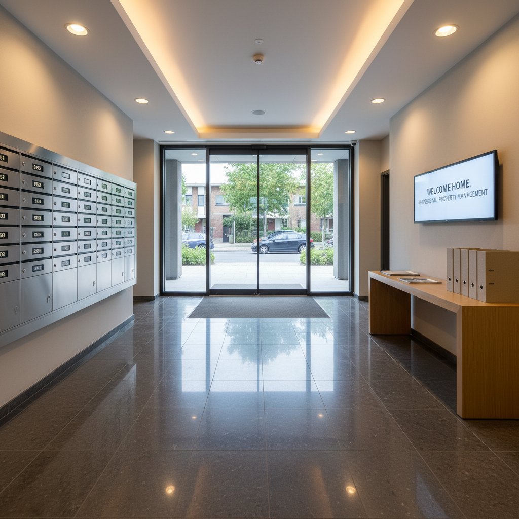 A meticulously staged lobby of a managed apartment building, with a sleek dark-stone floor, brushed metal mailboxes arranged in precise rows, and a glass entrance door reflecting a quiet residential street outside. On a side console, a small stack of neutral-toned information folders and a discreet digital notice screen suggest professional communication from the property management company. Warm, indirect ceiling lighting mixes with faint natural light from outside, creating soft highlights on metal surfaces and subtle reflections on the floor. Captured in photographic realism from an eye-level perspective with symmetrical composition and deep focus, the atmosphere feels orderly, safe, and welcoming, representing the everyday quality and reliability of professional Immobilienverwaltung for owners and associations.