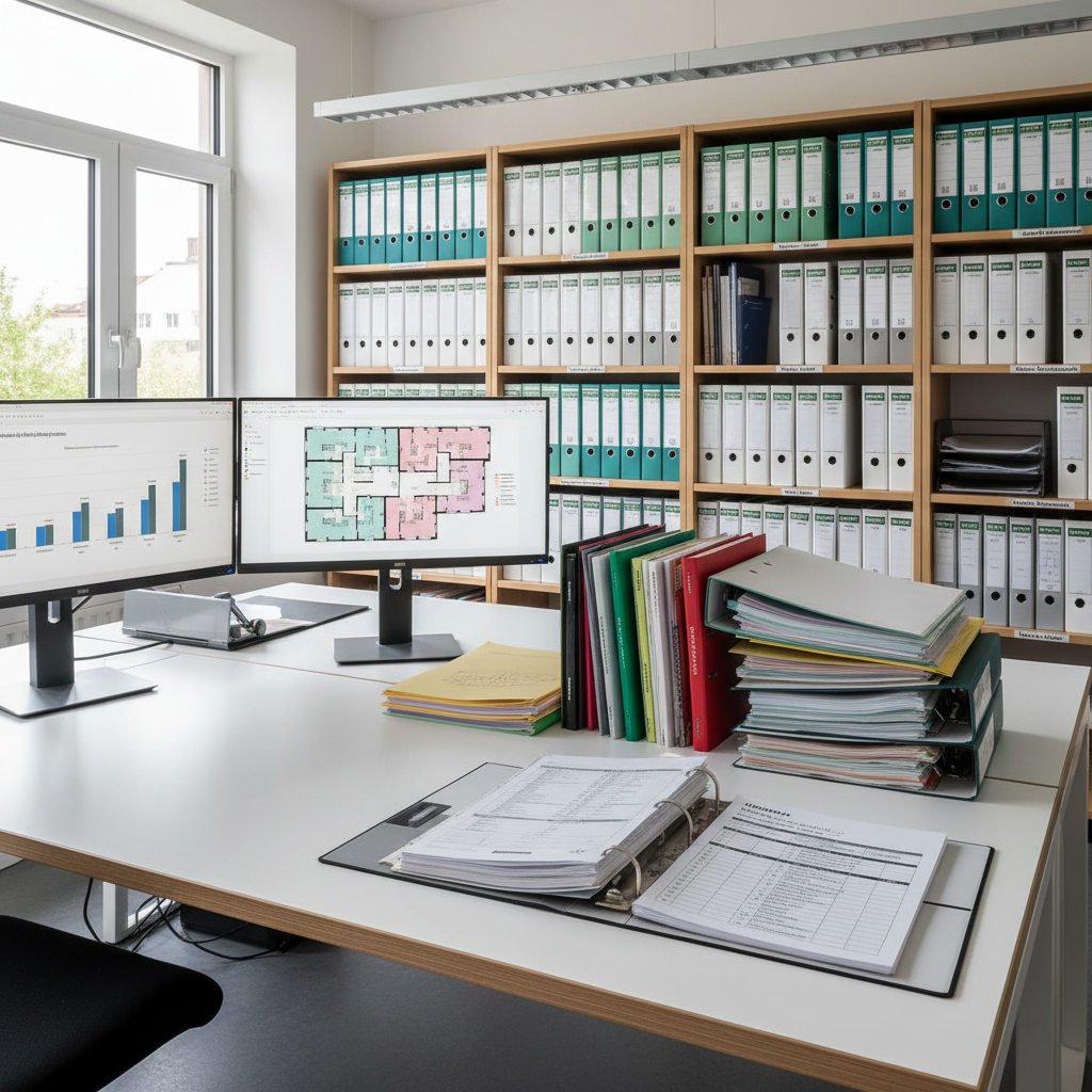 A bright, organized property management workspace with a large matte-white desk covered in color-coded building files, an open three-ring binder showing a detailed maintenance plan, and a computer monitor displaying a bar chart for annual budget planning. Beside it, a large digital floor plan of a multi-unit building is open on a second screen. In the background, shelves hold labeled binders for different German regions, including the Rhein-Main area, suggesting nationwide coverage. Daylight from a side window combines with cool, even overhead lighting, creating minimal shadows and a clinical clarity. Shot from a slightly elevated angle in photographic realism, the composition uses the rule of thirds to balance screens and paperwork, evoking precision, control, and financial transparency in Immobilienverwaltung.