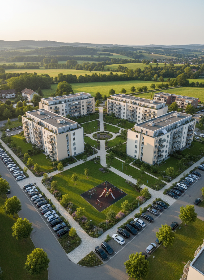 An aerial photographic view of a well-maintained residential complex managed by a professional property administration firm, with several mid-rise apartment buildings in neutral tones surrounding a landscaped courtyard. The inner area features trimmed lawns, orderly pathways, and a small playground, all impeccably clean, symbolizing reliable caretaking. Parked cars are neatly lined along access roads, and subtle distant hills suggest the wider German landscape. Soft, late-afternoon natural light casts long, calm shadows, giving the scene a warm, secure feel. Captured in photographic realism from a high bird’s-eye perspective with crisp detail, the composition emphasizes structure, transparency, and the comprehensive oversight of both property owner associations and individual units.