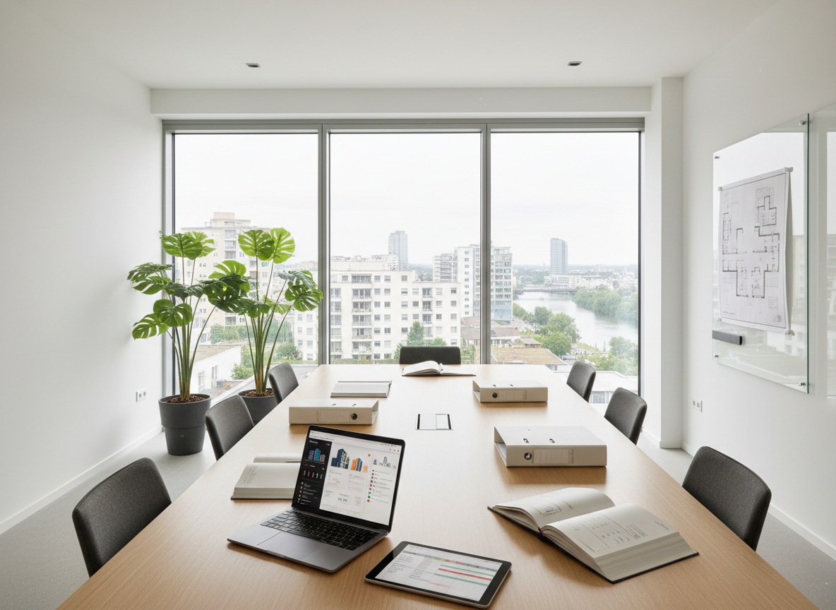 A modern property management office interior designed for DS Immobilienverwaltung, featuring a long light-oak conference table with neatly arranged folders, a silver laptop displaying dashboard-style building overviews, and a tablet showing a maintenance schedule. Floor-to-ceiling windows reveal a subtle skyline of mid-rise residential buildings typical of the Rhein-Main region. Clean white walls, a large architectural blueprint pinned on a glass board, and a few minimalist plants reinforce professionalism and reliability. Soft daylight fills the room, complemented by understated ceiling spots, creating gentle reflections on the polished tabletop. Photographic realism, shot at eye level with a slight wide-angle, sharp focus throughout, conveying structure, clarity, and trust in real estate management and nationwide German property oversight.