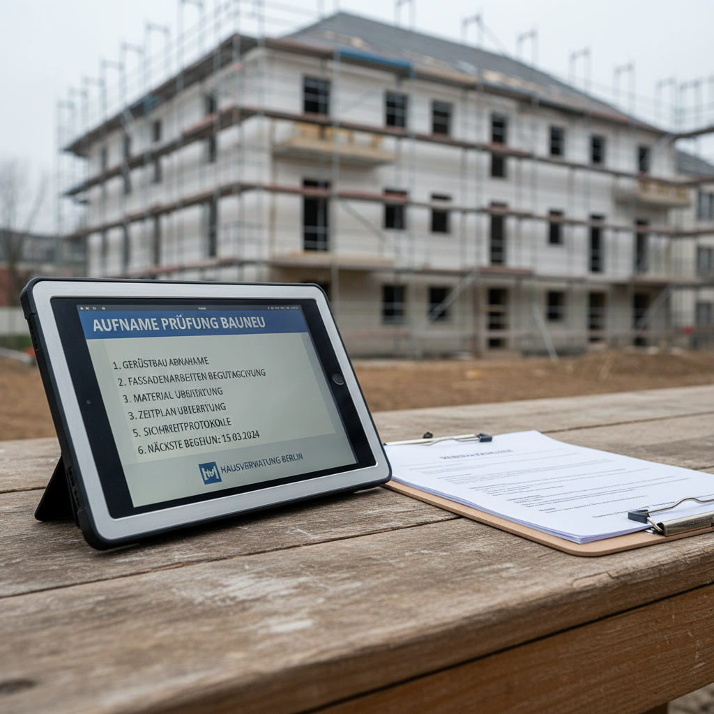 A close-up, photographic view of a tablet and clipboard resting on a sturdy, slightly weathered workbench at a construction or renovation site managed by a property administration firm. The tablet displays a checklist for contractor oversight and scheduled inspections, while the clipboard holds printed contracts with visible but unreadable lines. In the softly blurred background, scaffolding and the facade of a multi-family building hint at ongoing façade refurbishment. Overcast daylight creates diffused, shadow-free lighting, highlighting textures on the tablet’s metal frame and the wood grain of the bench. Shot at a low, three-quarter angle with shallow depth of field, the mood is focused and diligent, underscoring reliable coordination between property management and trades across Germany.